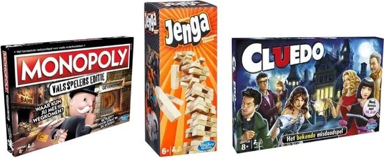 Hasbro Spellenbundel - 3 Stuks - Monopoly Valsspelerseditie & Jenga & Cluedo 3 Hasbro Spellenbundel - 3 Stuks - Monopoly Valsspelerseditie & Jenga & Cluedo