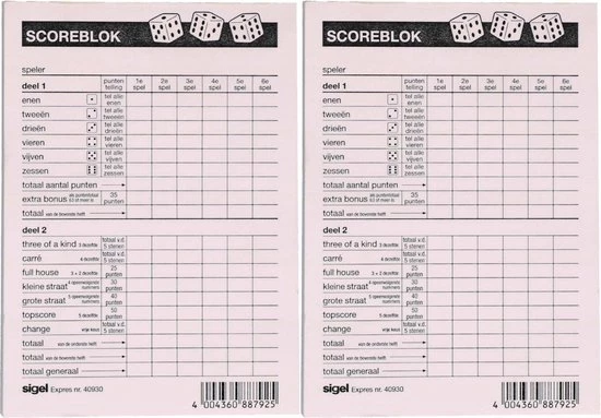 Haza 2x Scoreblokken Yahtzee 100 Vellen - Familiespellen - Dobbelspellen - Dobbelspel - Scoreblokken/scorekaarten - Score Notitieblok 3 Haza 2x Scoreblokken Yahtzee 100 Vellen - Familiespellen - Dobbelspellen - Dobbelspel - Scoreblokken/scorekaarten - Score Notitieblok