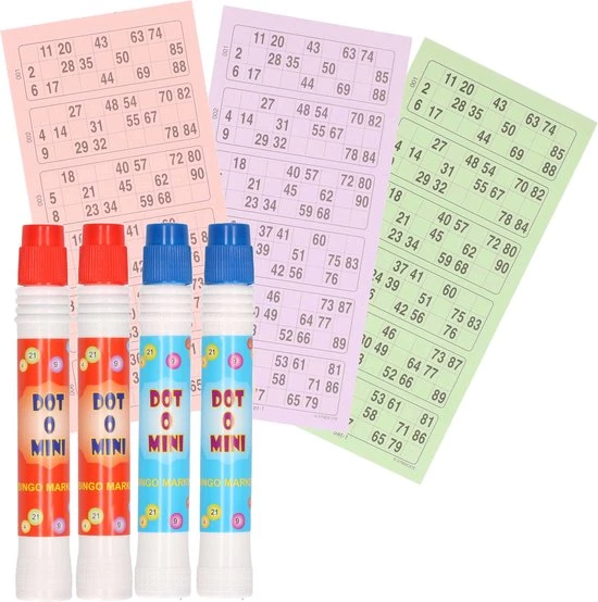 Merkloos 4x Bingostiften/markeerstiften - 2x Stuks In De Kleuren Blauw/rood Met 200 Papieren Bingokaarten Van 1-90 3 Merkloos 4x Bingostiften/markeerstiften - 2x Stuks In De Kleuren Blauw/rood Met 200 Papieren Bingokaarten Van 1-90
